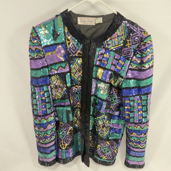 Vintage SILK Laurence Kazar Jacket Beaded Sequin Purple Green Black 80's - Picture 1 of 5